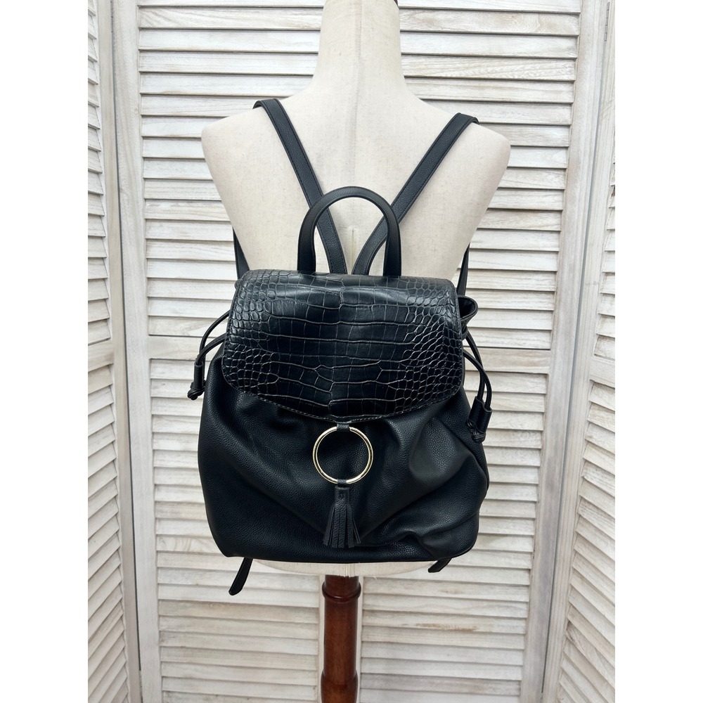 Lionel Backpack Black Women Faux Leather Croc Tassel Ring